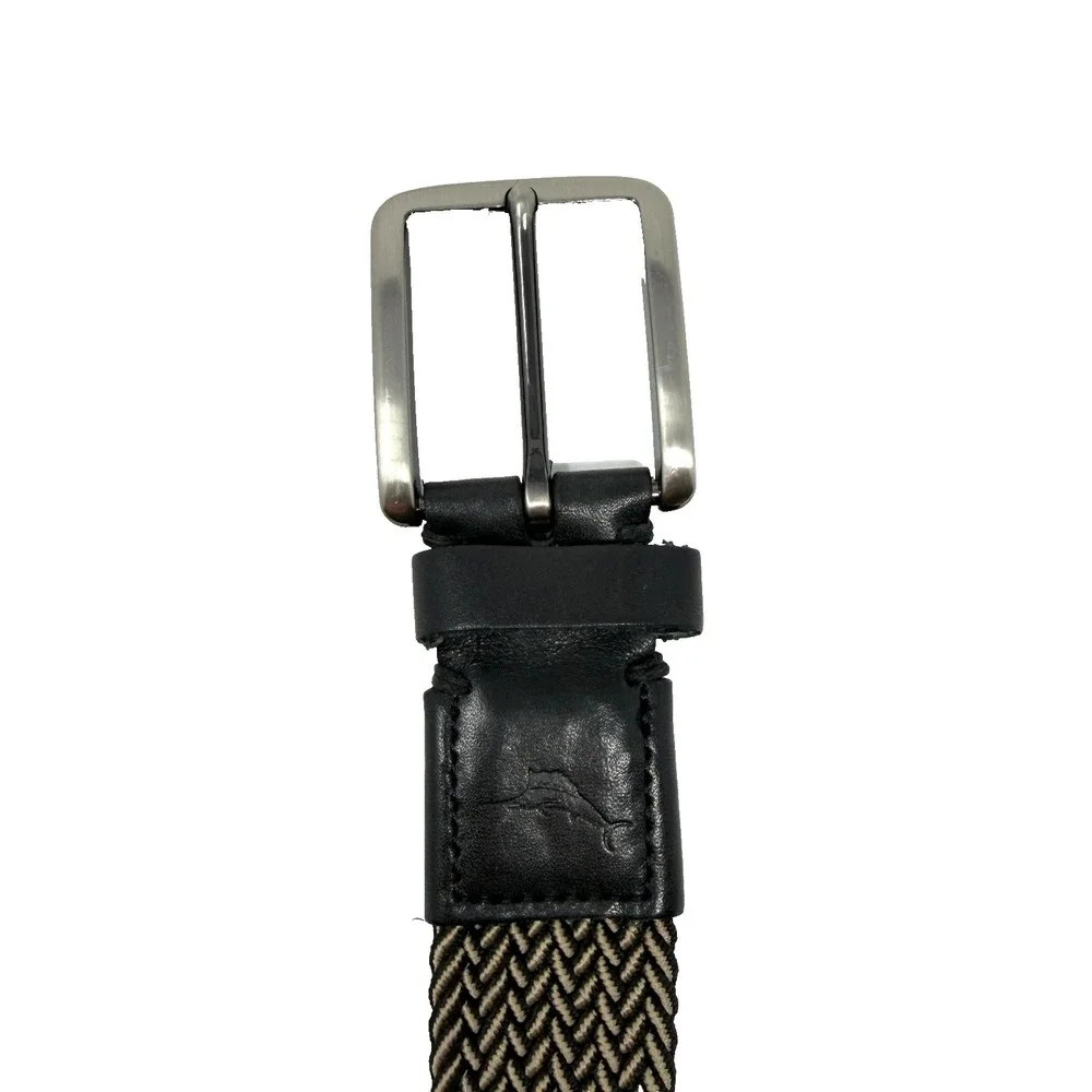 Tommy Bahama Braided Stretch Men's Belt‎ Leather Trim Black Tan L/XL